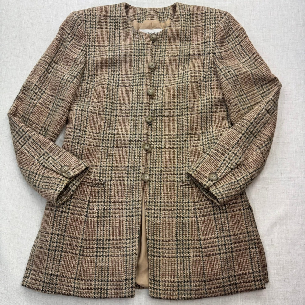 Liz Claiborne Collection Womens 6 Glen Plaid Wool Blend Collarless Blazer Brown